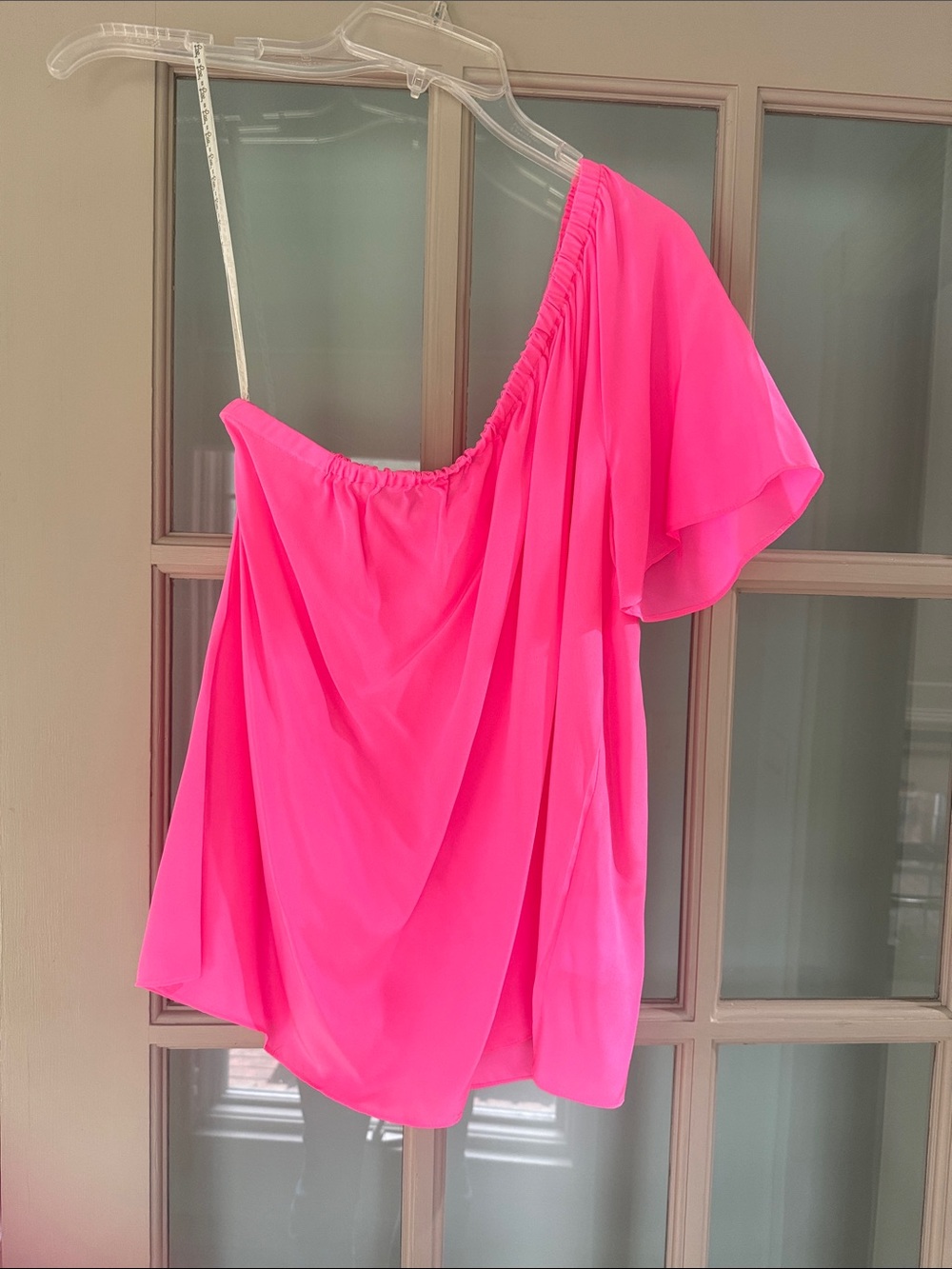 Lilly Pulitzer Bright Pink One-Shoulder Flutter Top 100% silk